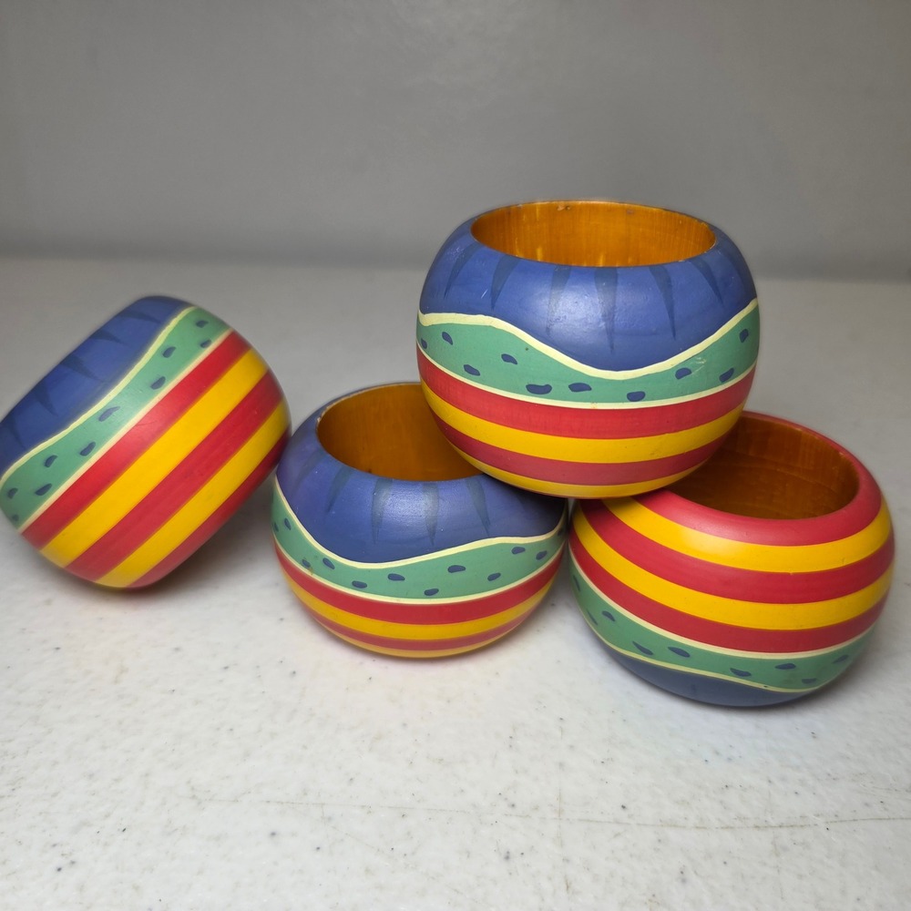 Vintage Hand Painted Wood Napkin Rings Set of 4 Striped Colorful Boho